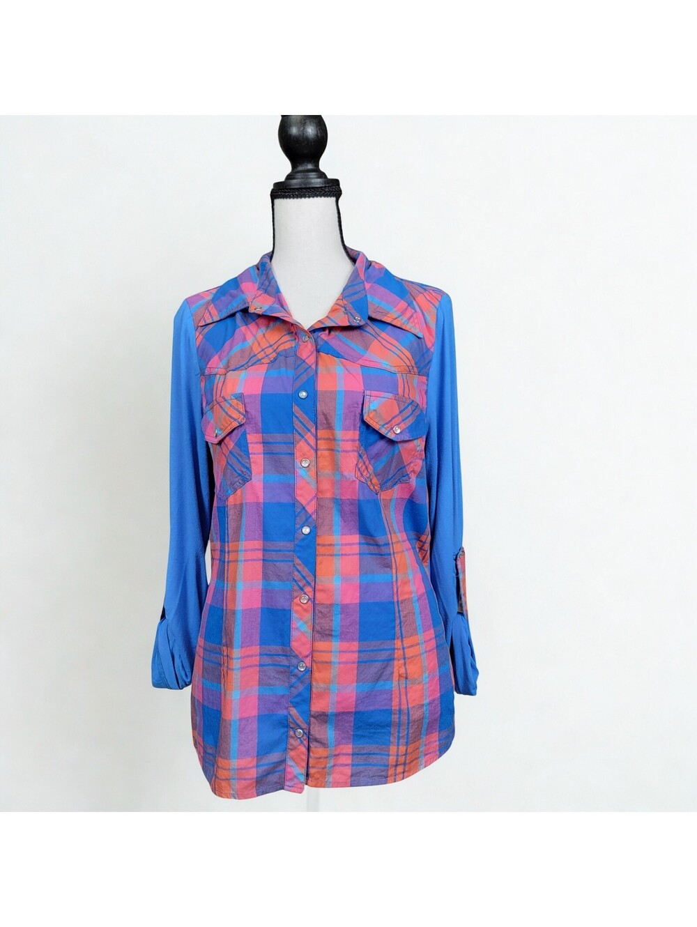 Mojo USA Women Junior 2XL Western 100% Cotton Plaid Snap Button Down Shirt